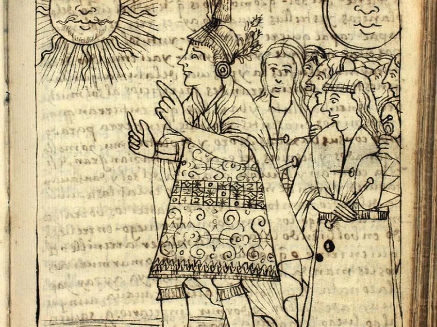 Colonial-era pen drawing of an Andean solstice festival ceremony before the Sun.