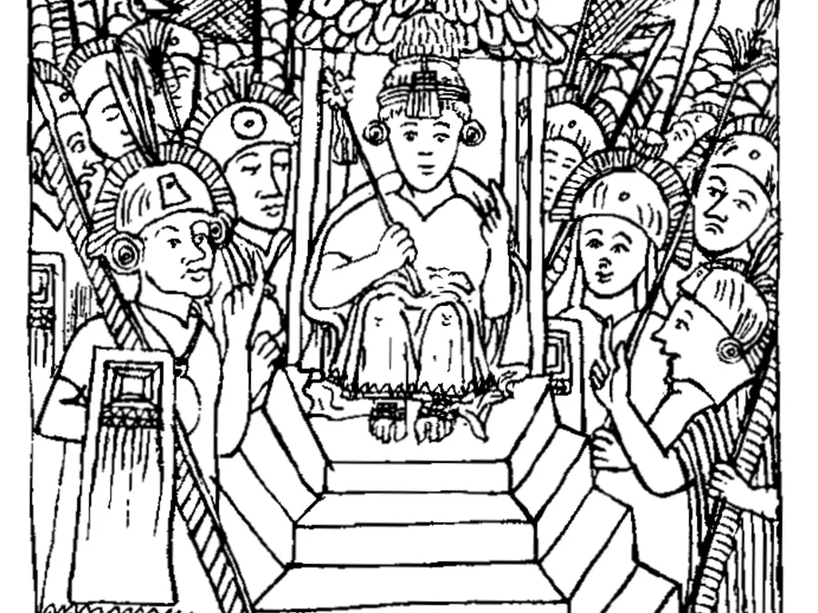 Colonial-era pen drawing of an Inca ruler seated on a stepped throne holding a staff.
