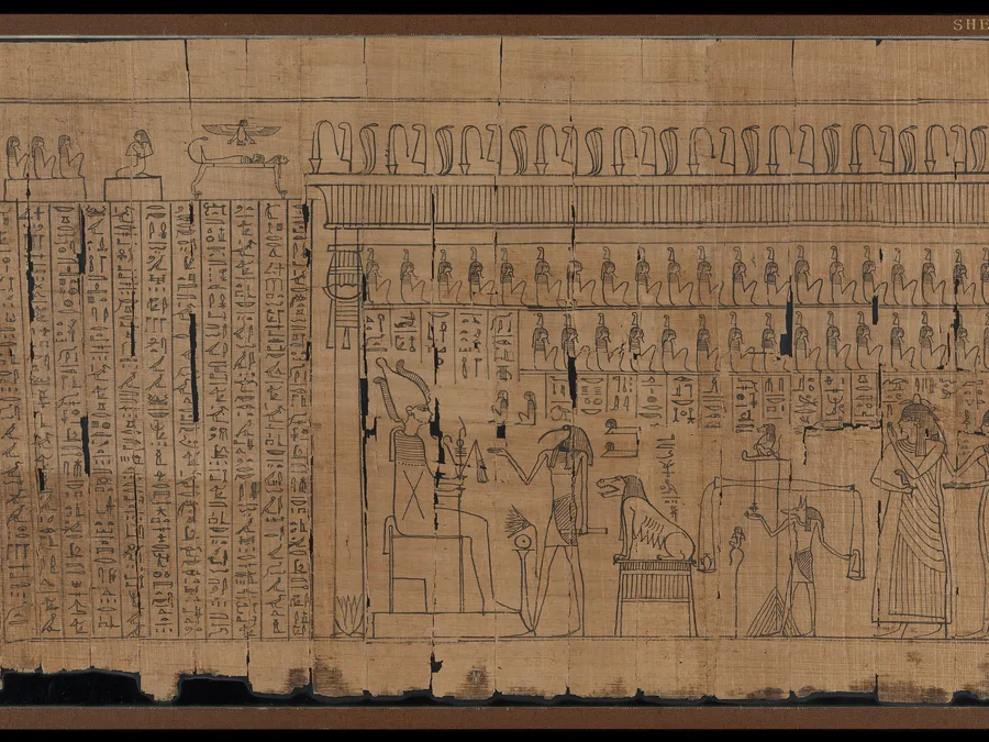 Egyptian Book of the Dead judgment scene of Lady Neskhons with hieroglyphic text and divine figures.