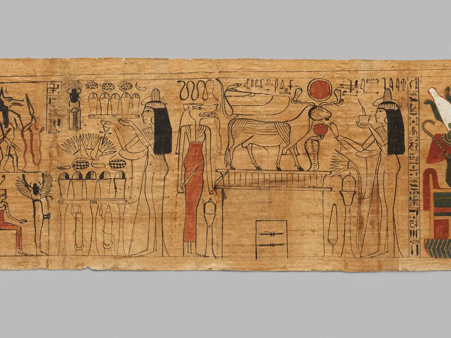 Egyptian Amduat papyrus with women, animals, snakes, and hieroglyphs.