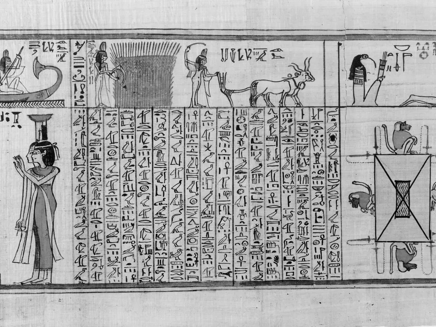 Painted vignette of the weighing of the heart, with Osiris, Anubis, and the scales of judgment.