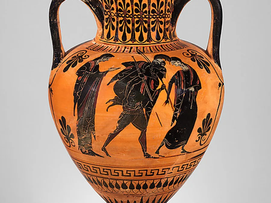 Black-figure terracotta amphora showing the armed warrior Aeneas.