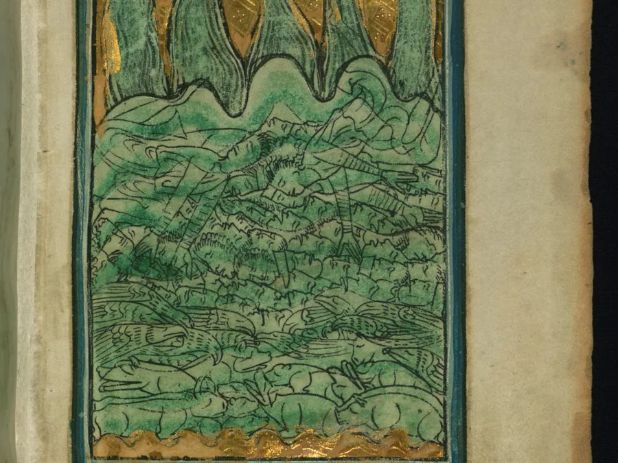 Medieval illumination of Noah's flood with waters covering people and animals.