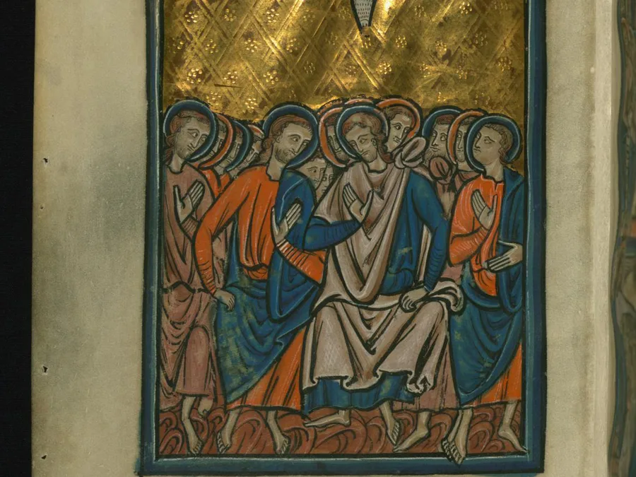 Medieval illumination of Pentecost with the disciples receiving the Spirit.